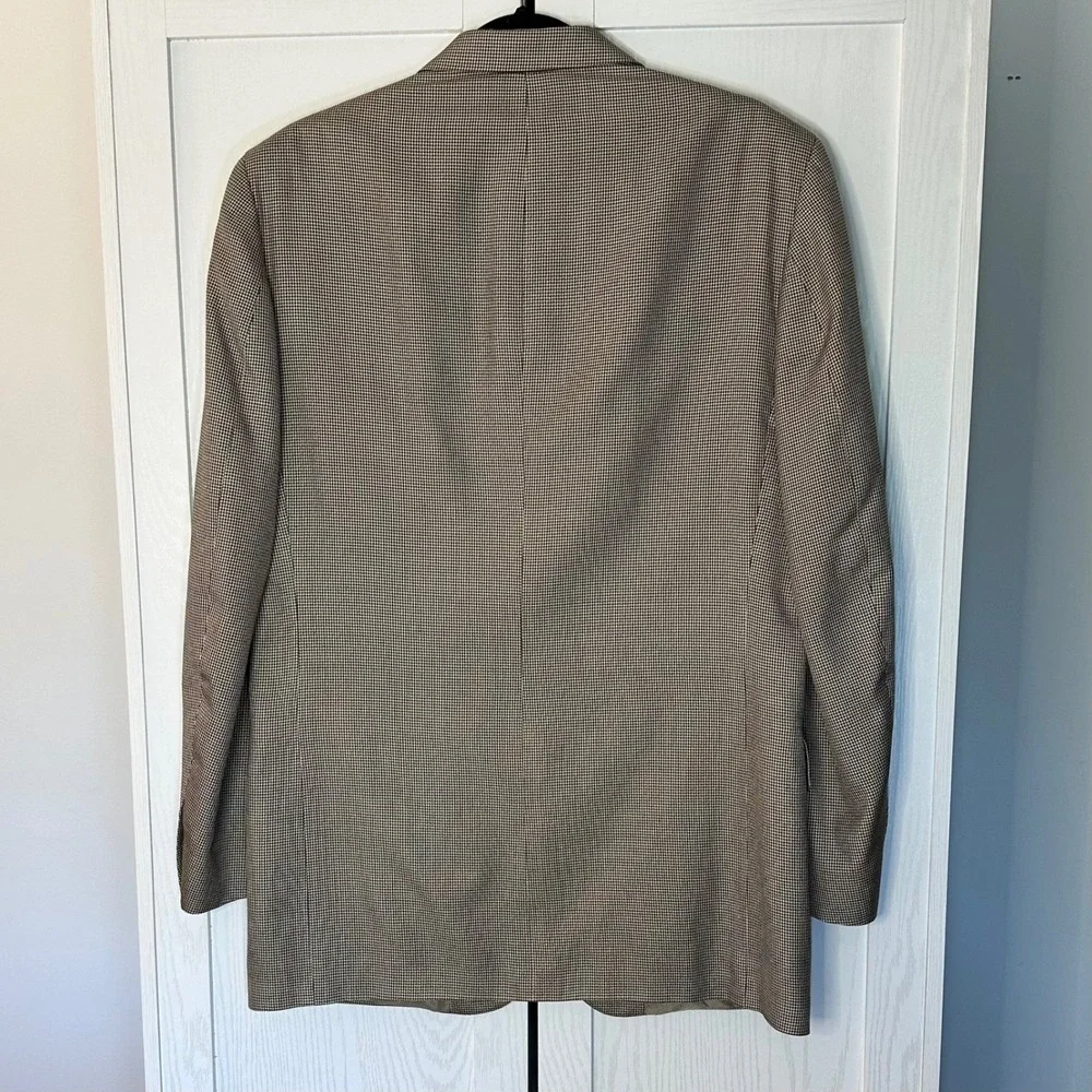 Oscar de la Renta Men's 100% Silk Beige Brown Houndstooth Blazer Size‎ 40 Long